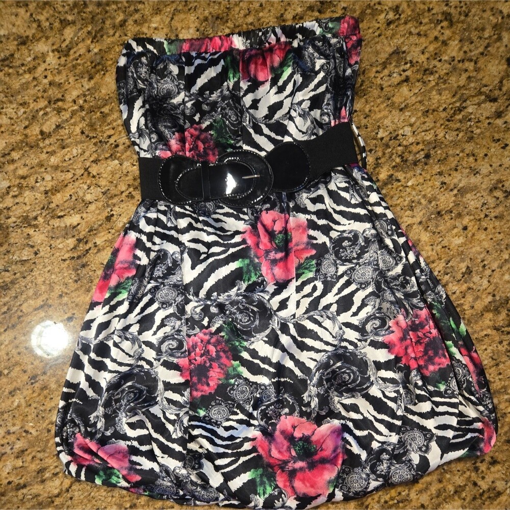 Y2K Strapless Zebra Flower Print Cocktail Dress Women's Medium Zebra/Rose print